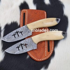 Custom made Damascus steel cowboy skinner knife set