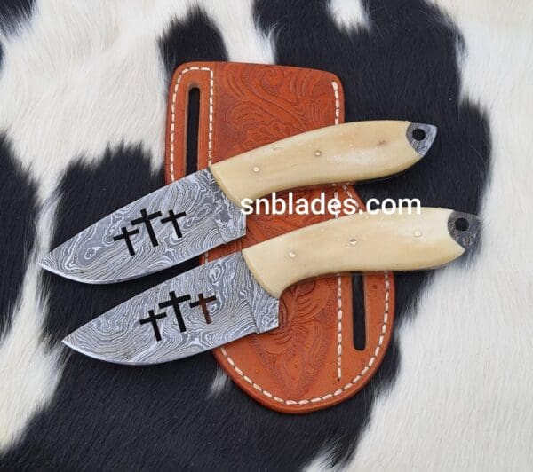Custom made Damascus steel cowboy skinner knife set