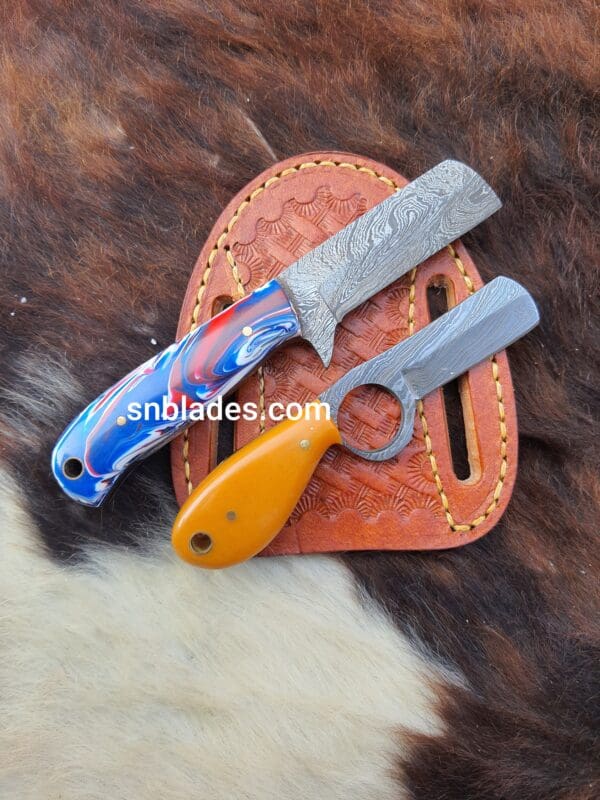 Custom made Damascus steel cowboy bull cutter knife set