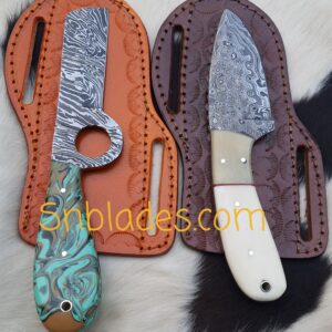 Custom made Damascus steel bull cutter and skinner knife set
