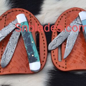 Custom made Damascus steel cowboy folding knives set