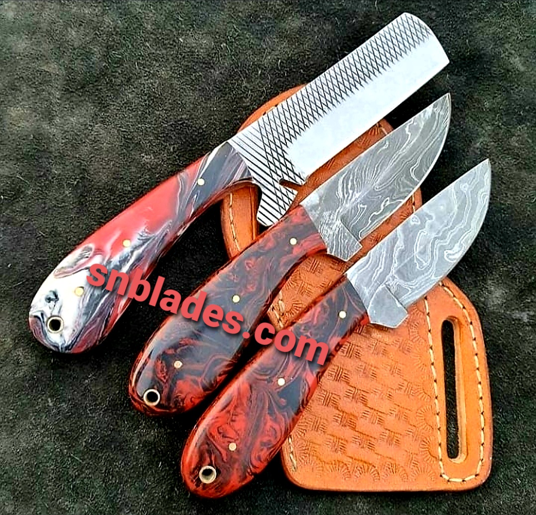 Custom Made Damascus Steel three Crosses Cowboy knives set