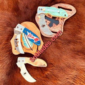 New Handmade Damascus Steel &1095 & J2 Steel Three Hawkbill IBEW Lineman Folding knives set,with Three leather sheaths as a picture