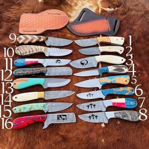 New Handmade Damascus Steel 16 Hunting skirt knives offer..with 16 leather case