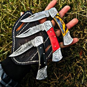 New Custom made Damascus steel Three Folding knives set.