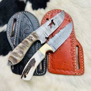 New Custom made Damascus Steel Two Cowboy Skinner knives set, with Two Cross Draw Leather Sheaths