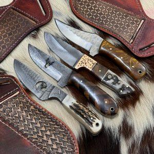 New custom made Damascus steel 1095 steel four skinner knives set