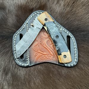 New custom made Damascus steel cowboy folding knife with cross darw leather sheath