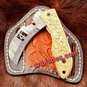 Hawkbill Lineman Folding knife with leather sheath