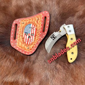 Handmade Hawkbill linemen Folding knife with leather sheath