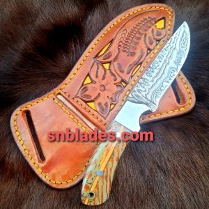 New Hademade Damascus Steel Cowboy Hunting Skinner knife with Leather Sheath
