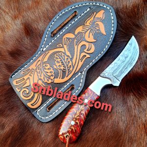 Custom Made Damascus Steel Western Cowboy Skinner knife with Leather Sheath