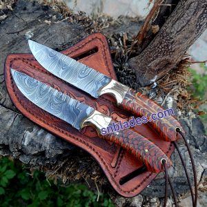 New Handmade Damascus Steel Cowboy Skinner knives set with leather sheaths