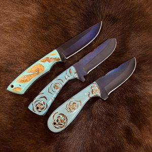 Custom made 1095 Steel Three Cowboy Hunting Skinner Knives with Leather Sheaths